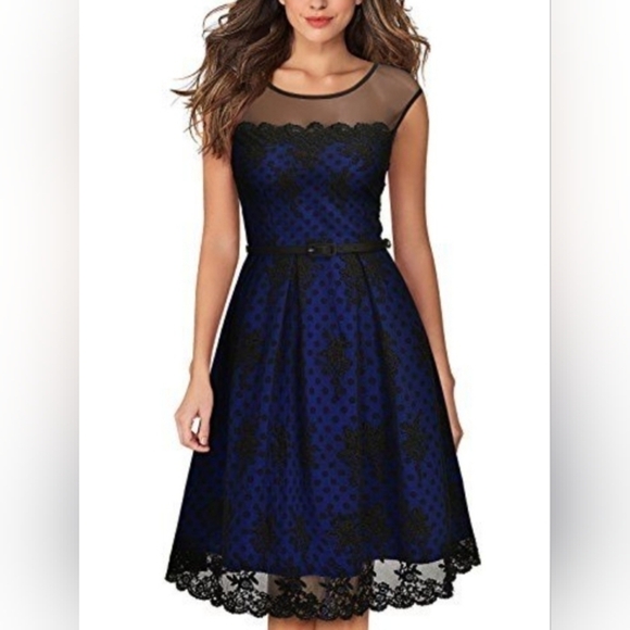 Miss May Dresses & Skirts - MissMay Retro Pin-Up Swing Dress Polka-Dot Floral Lace Blue/Black Size Small